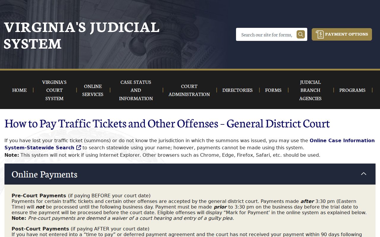 Fairfax County warrant search context: Virginia court and case search controls