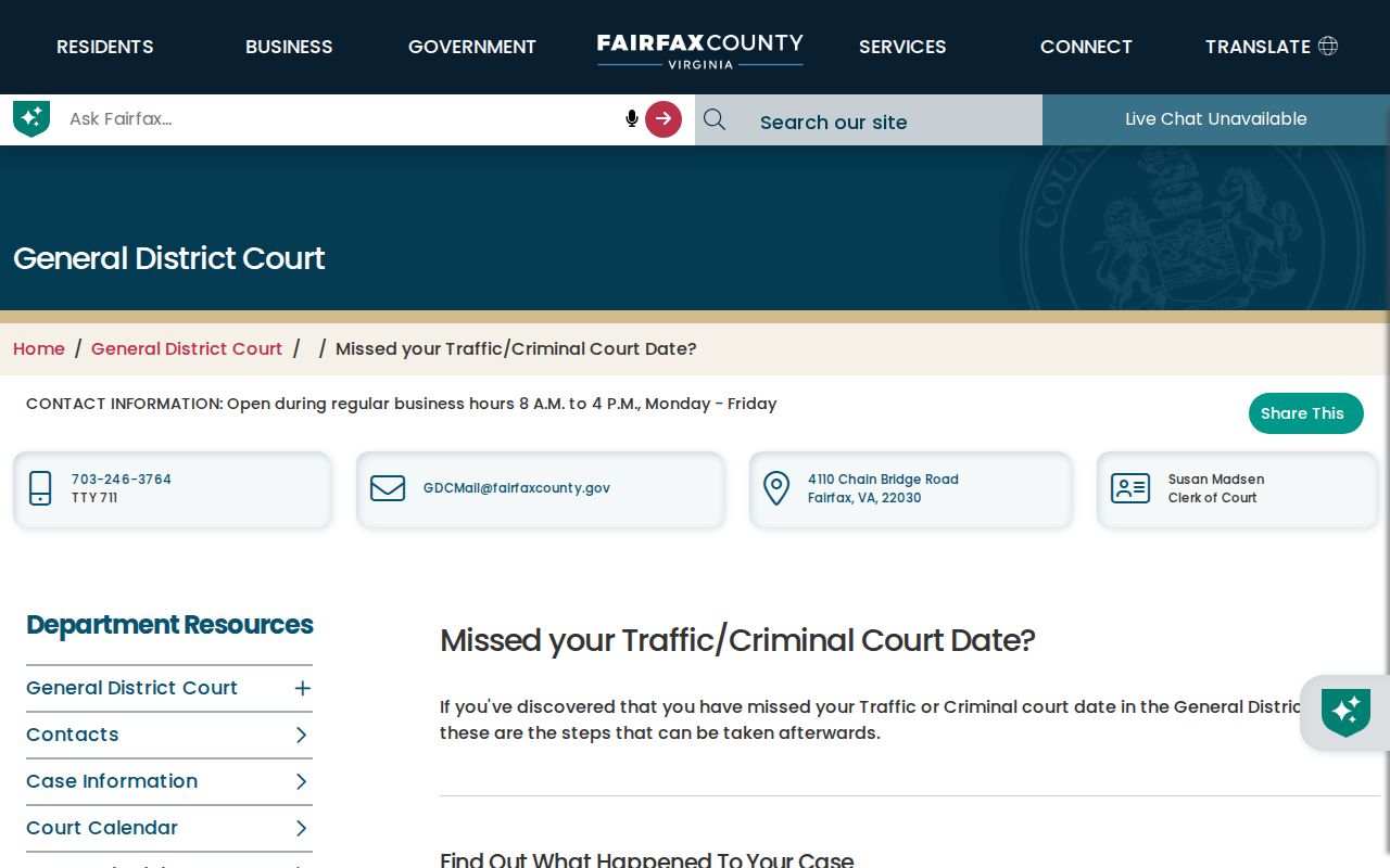 Fairfax County bench warrant records: General District Court missed-date instructions