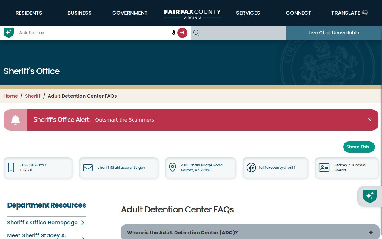 Fairfax County arrest warrant process: Adult Detention Center contact information