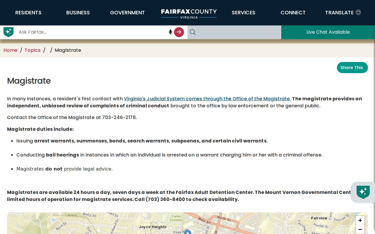 Fairfax County warrant records context: magistrate duties and warrant process
