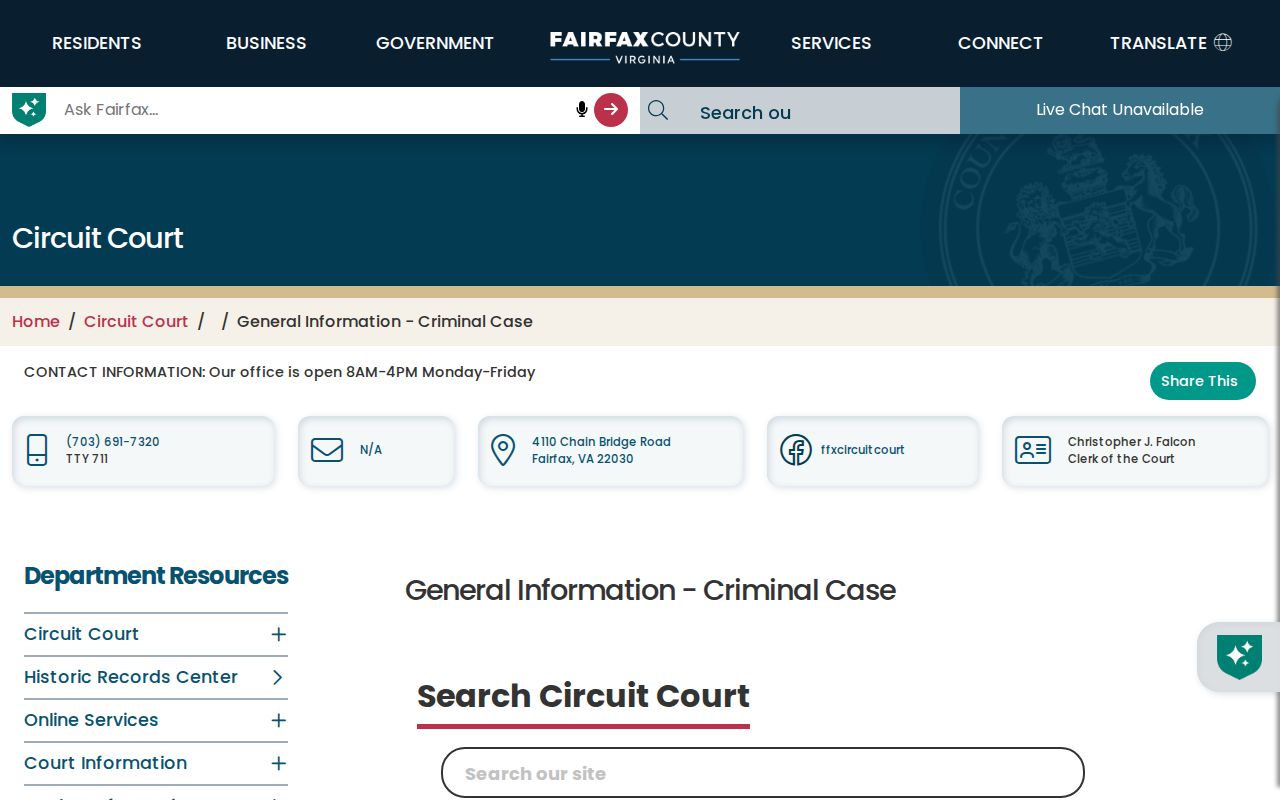 Fairfax County arrest warrant records: Circuit Court Criminal Division contact information