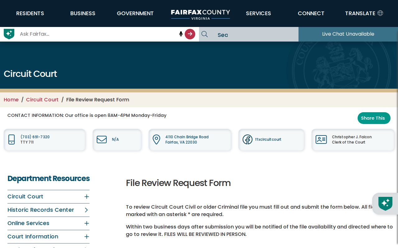 Fairfax County warrant records access: Circuit Court file-review request fields