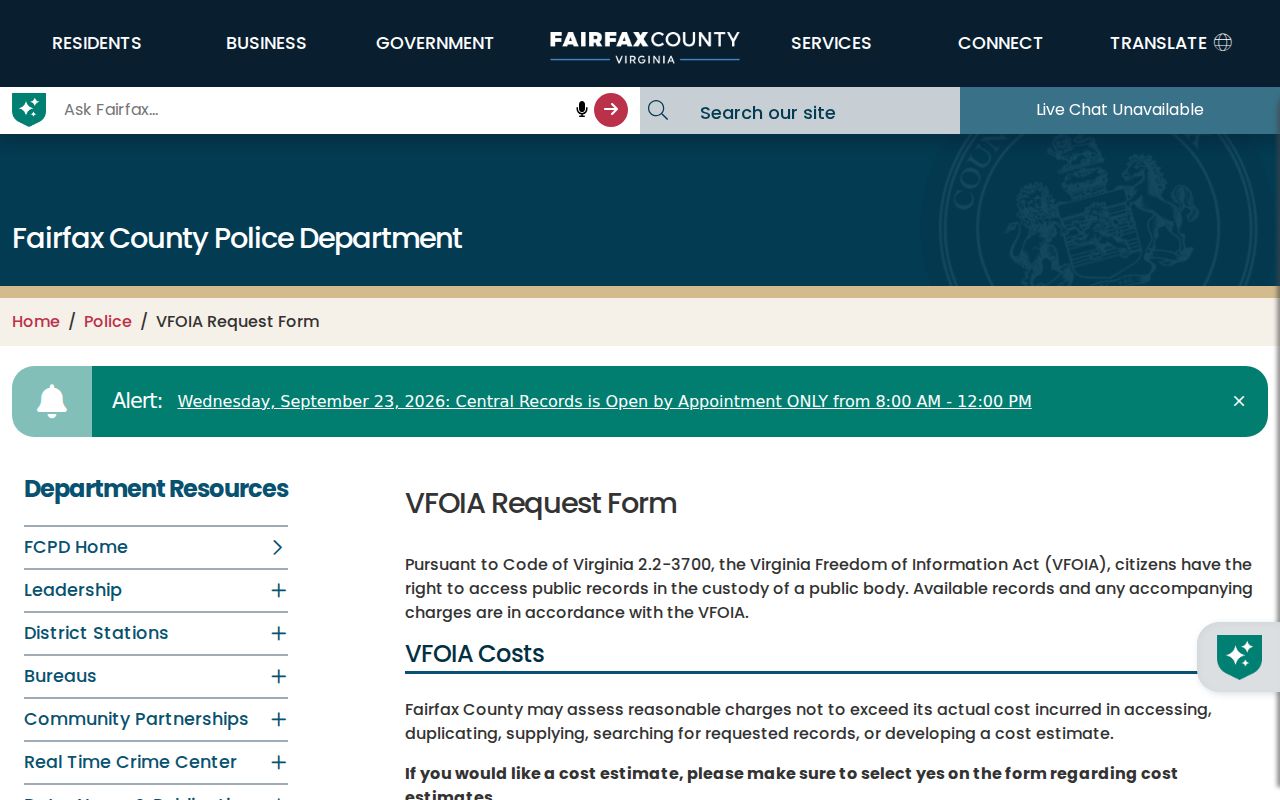 Fairfax County warrant record request: Police VFOIA form fields