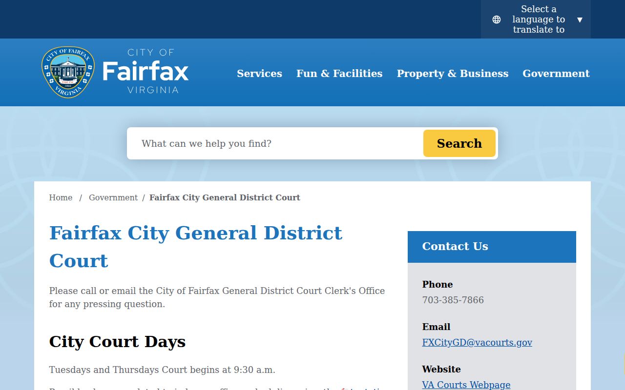 City of Fairfax warrant records: court entrance and public court contact information