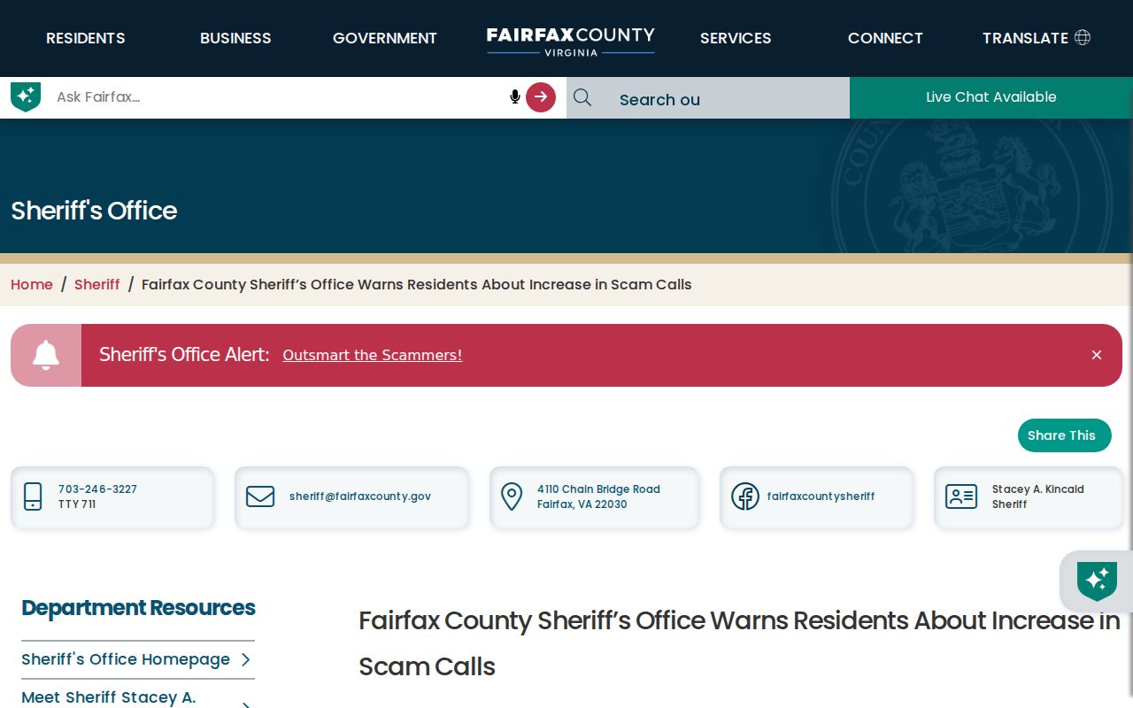 Fairfax County outstanding warrant safety: official Sheriff scam warning