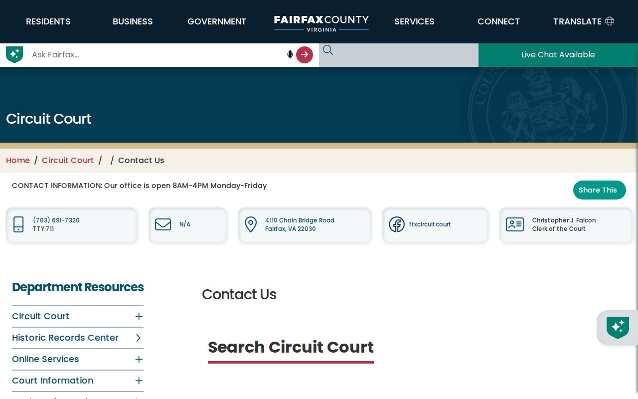 Fairfax County warrant records location: courthouse security and court contact area