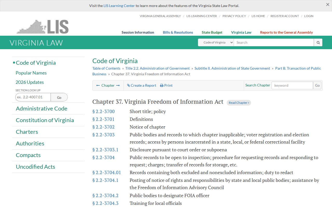 Fairfax County warrant record access: Virginia FOIA chapter and public records policy