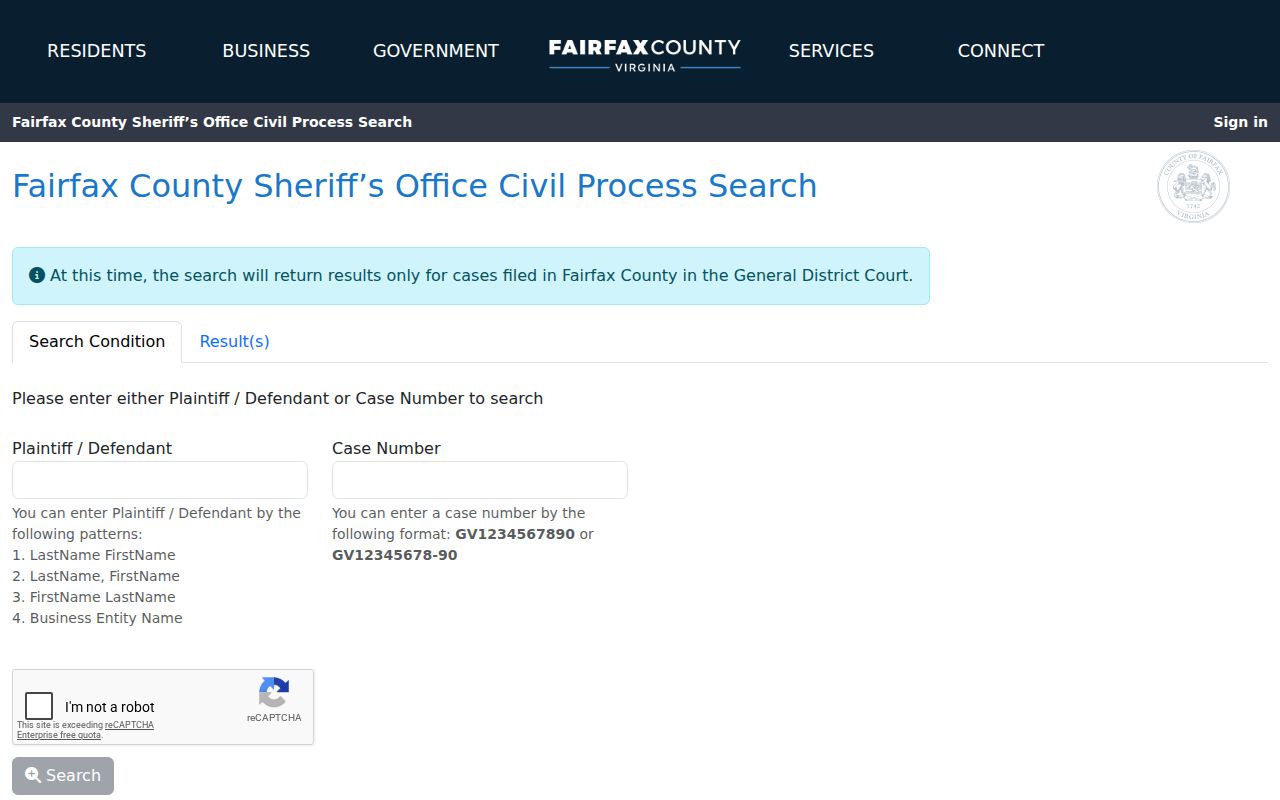 Fairfax County warrant records context: Sheriff civil-process search fields and scope notice