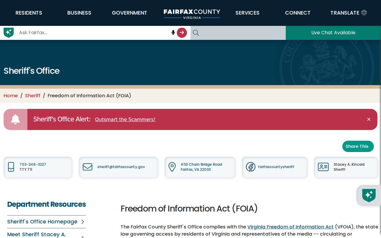 Fairfax County warrant-record access: Sheriff FOIA request instructions