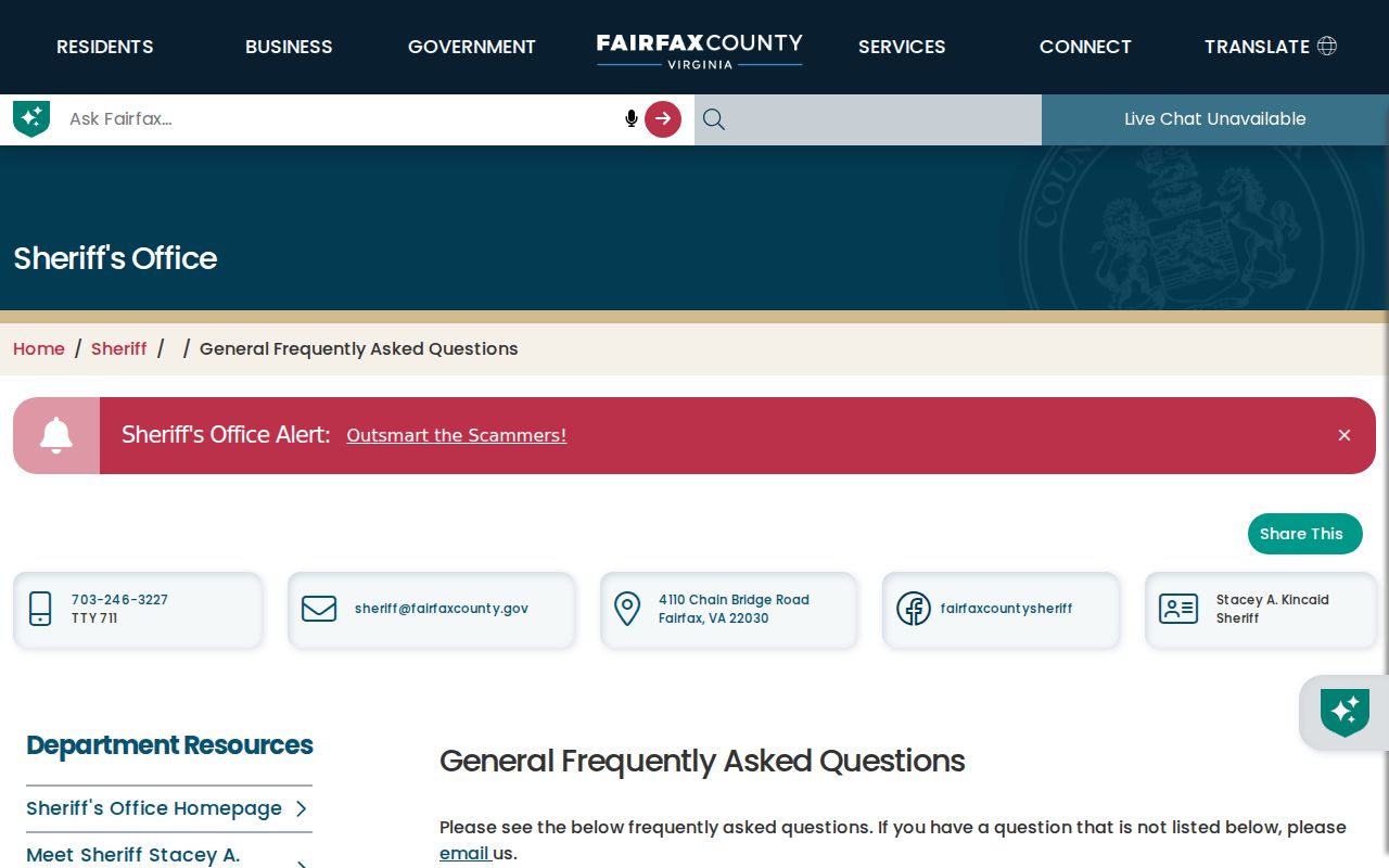 Fairfax County warrant records contact: Sheriff FAQ and Warrant Desk