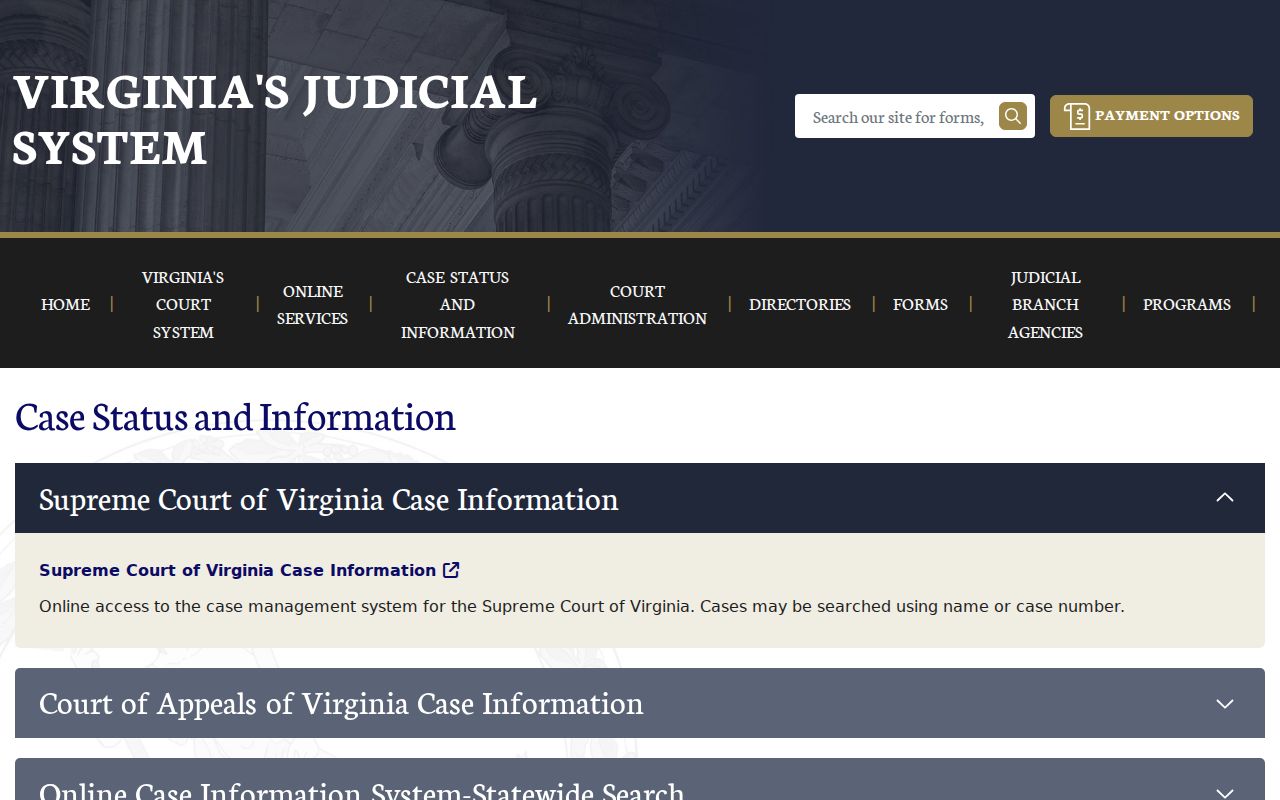 Fairfax County warrant records research: Virginia case-information landing page